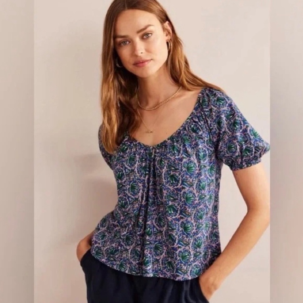 Boden NWT Wave Botanic Women's Short Sleeve Blue Green Paisley Top Size 2